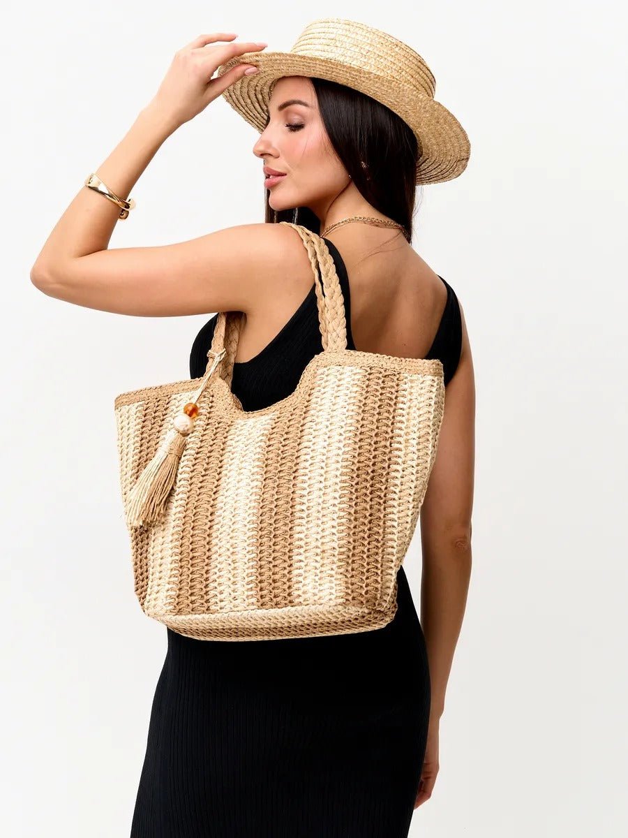 Sac de plage cabas en raphia, tote bag rayé, tressé à la main, anse souple, grand format, fermeture zippée, modèle Zoé - Sac de plage - Beige