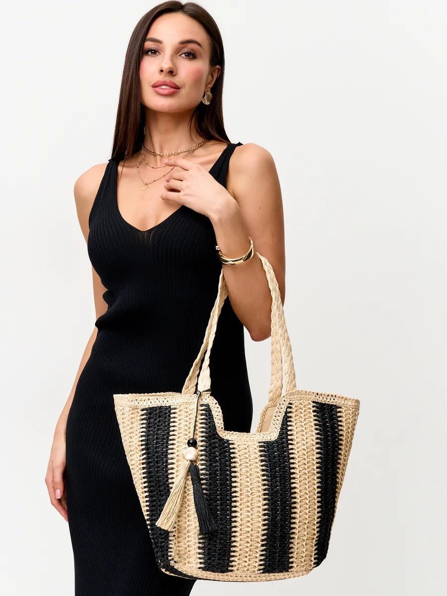 Sac de plage cabas en raphia, tote bag rayé, tressé à la main, anse souple, grand format, fermeture zippée, modèle Zoé - Sac de plage - Noir