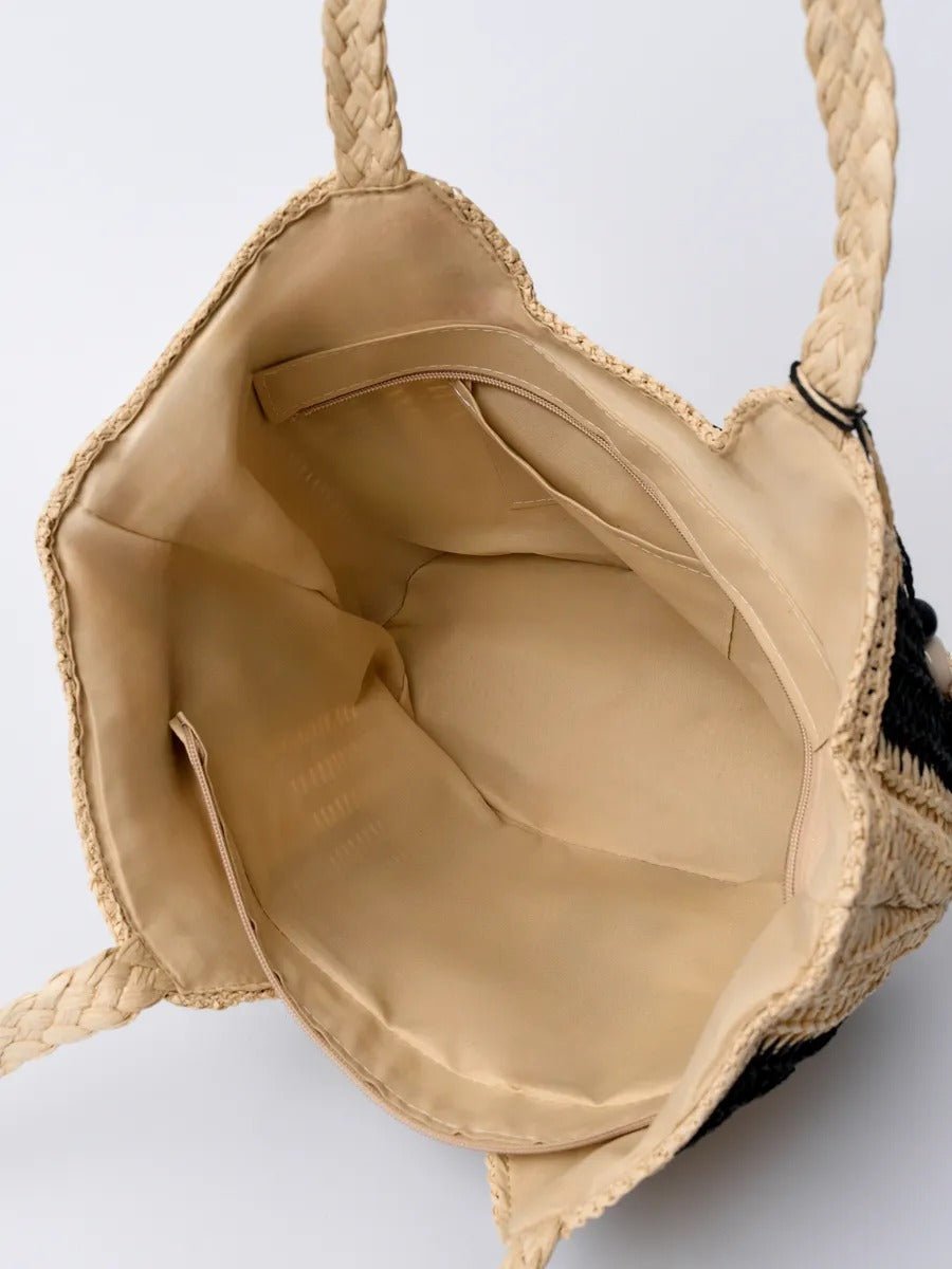 Sac de plage cabas en raphia, tote bag rayé, tressé à la main, anse souple, grand format, fermeture zippée, modèle Zoé - Sac de plage - Noir