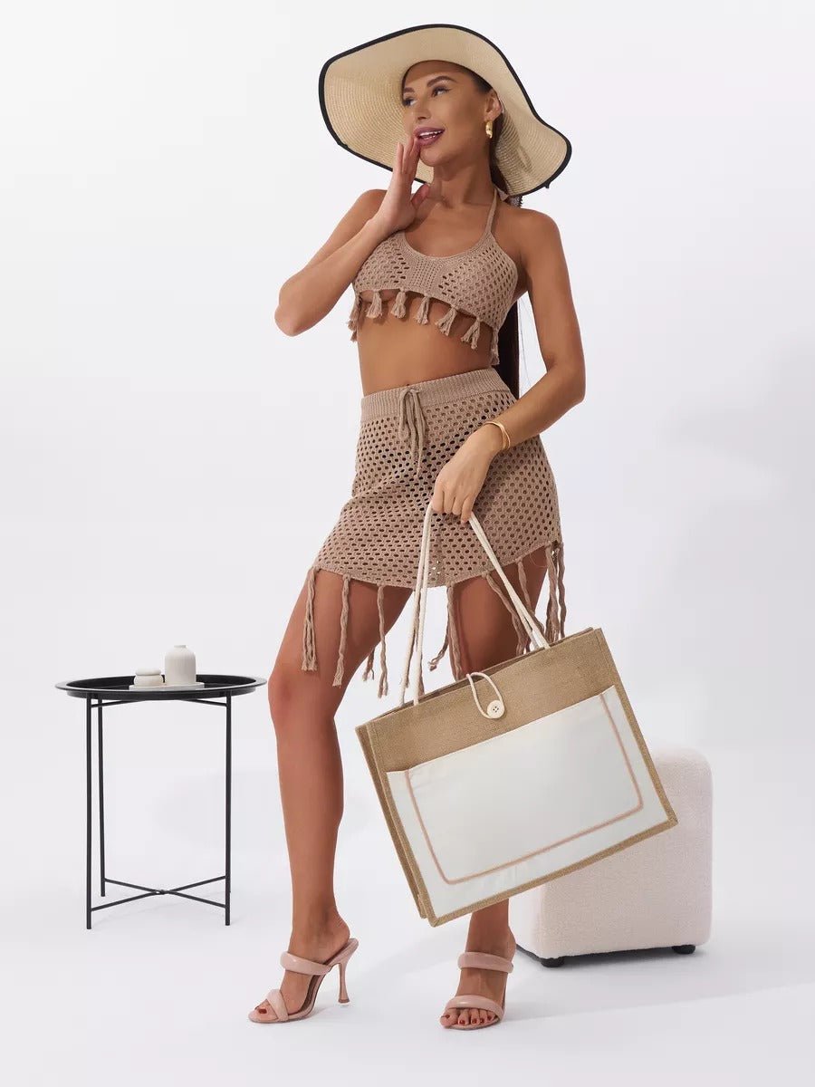 Sac de plage cabas en toile de jute, grand format, fermeture bouton, anses longues, sac à main extérieur, tote - bags vacances, modèle Maya - Sac de plage - Blanc