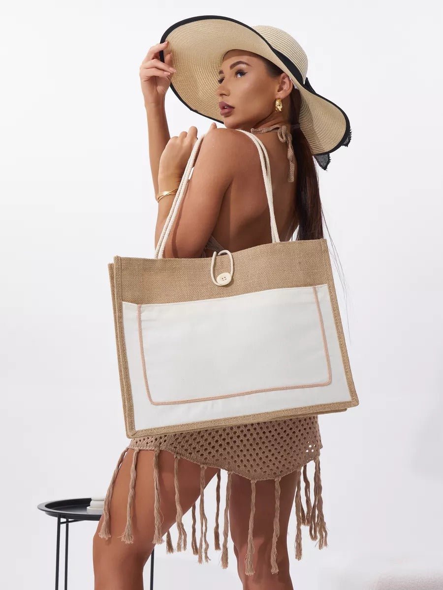 Sac de plage cabas en toile de jute, grand format, fermeture bouton, anses longues, sac à main extérieur, tote - bags vacances, modèle Maya - Sac de plage - Blanc