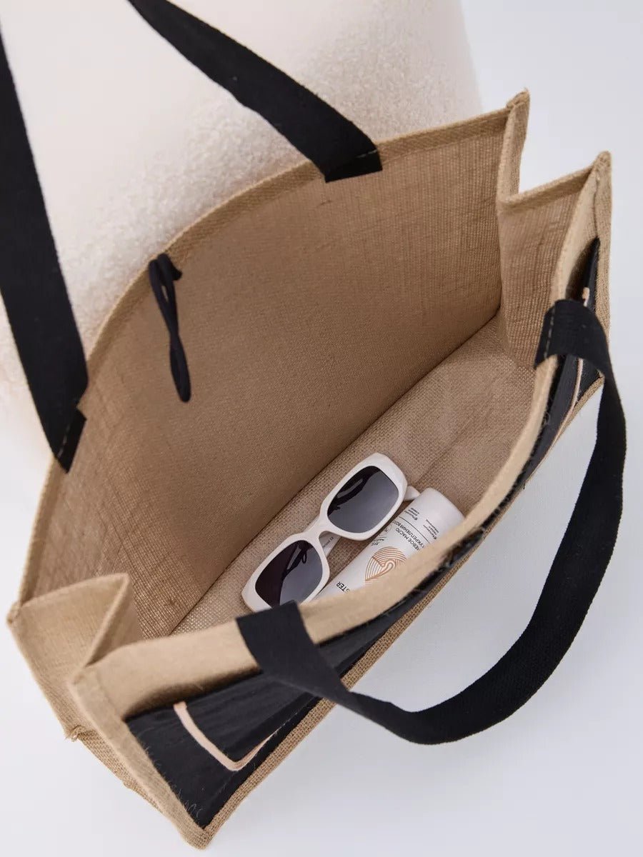 Sac de plage cabas en toile de jute, grand format, fermeture bouton, anses longues, sac à main extérieur, tote - bags vacances, modèle Maya - Sac de plage - Noir