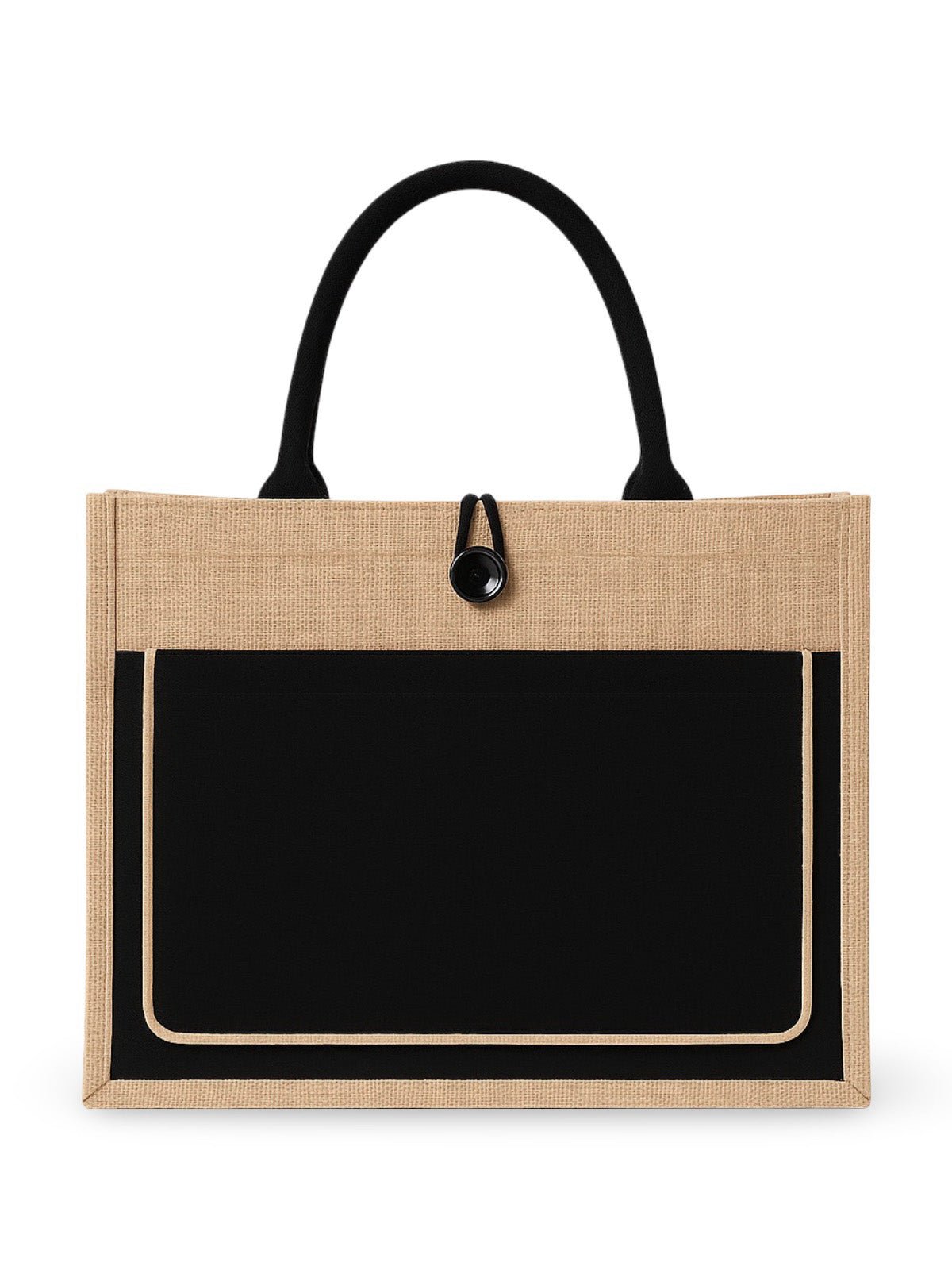Sac de plage cabas en toile de jute, grand format, fermeture bouton, anses longues, sac à main extérieur, tote - bags vacances, modèle Maya - Sac de plage - Noir