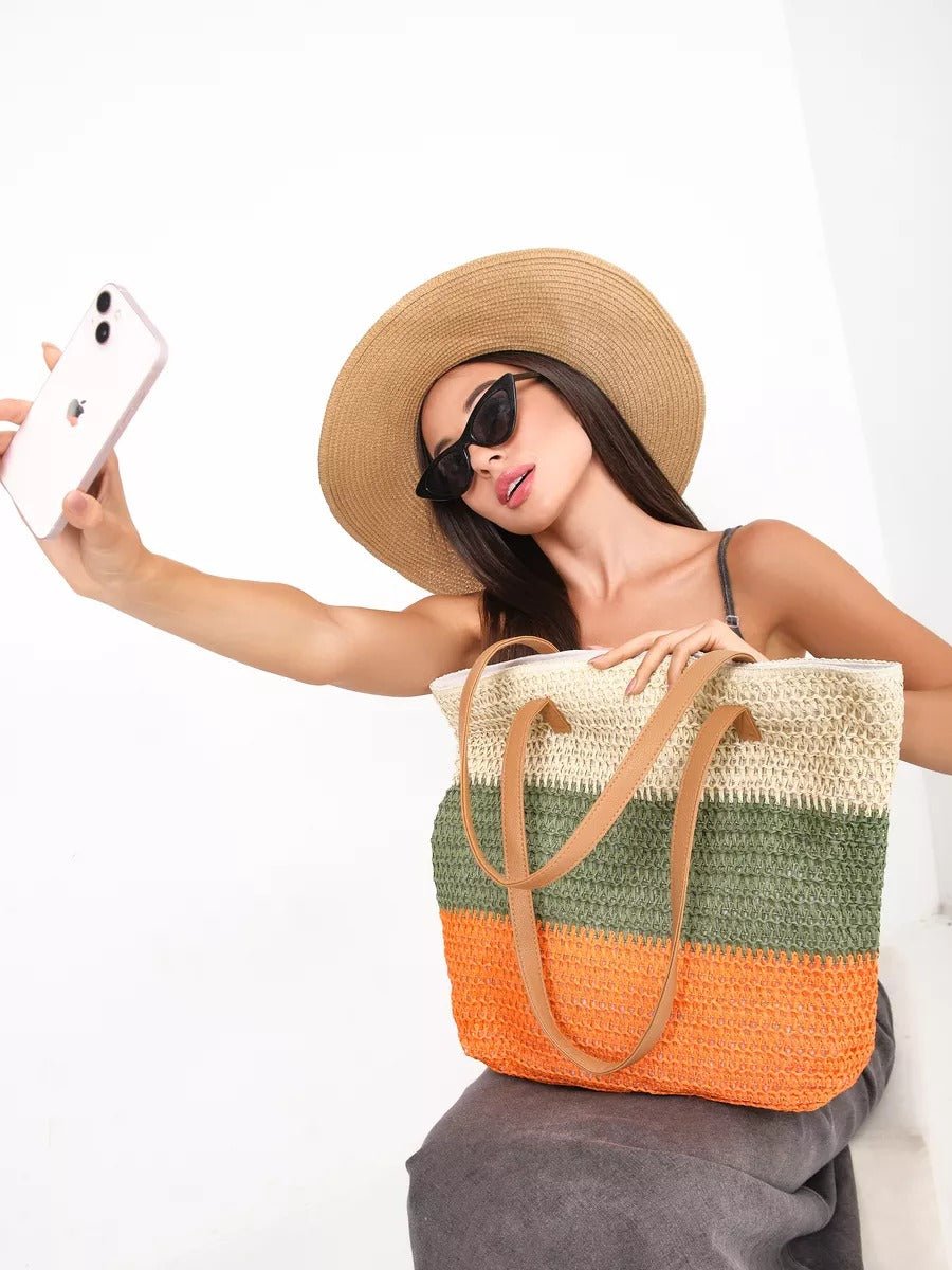 Sac de plage cabas, paille raphia multicolore, grand format, plage, été, anses simili vegan, tote bag vacances, modèle Julie - Sac de plage - Vert et orange