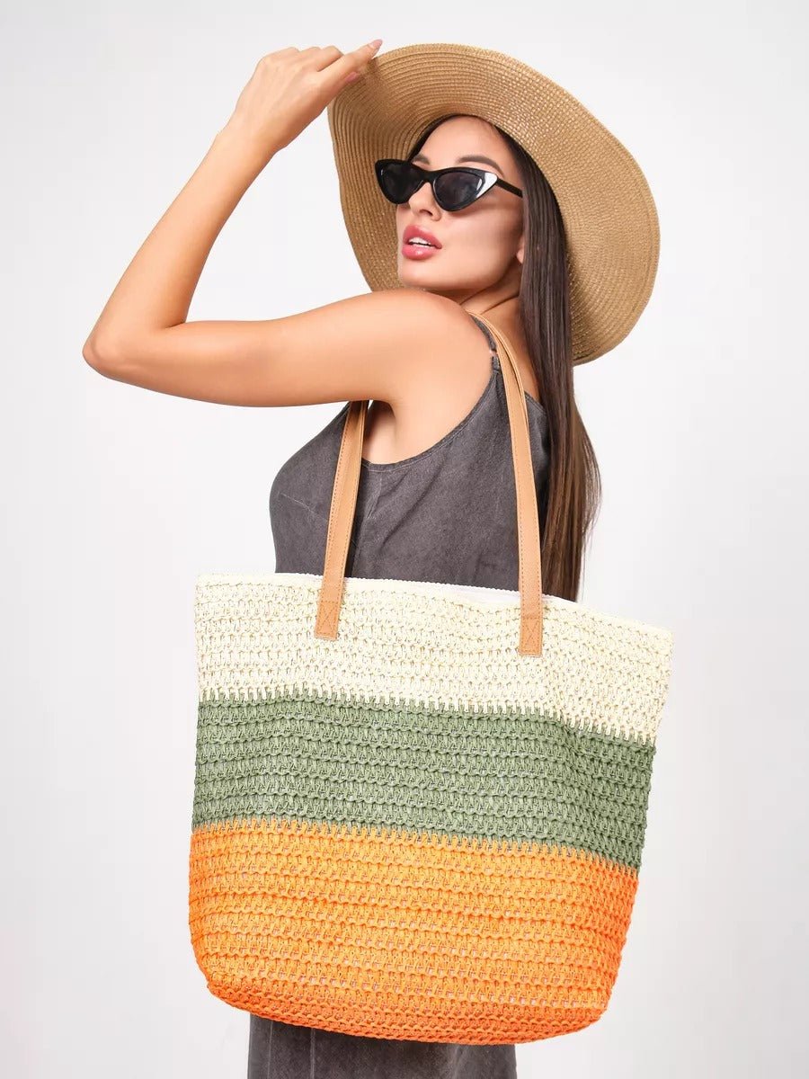Sac de plage cabas, paille raphia multicolore, grand format, plage, été, anses simili vegan, tote bag vacances, modèle Julie - Sac de plage - Vert et orange