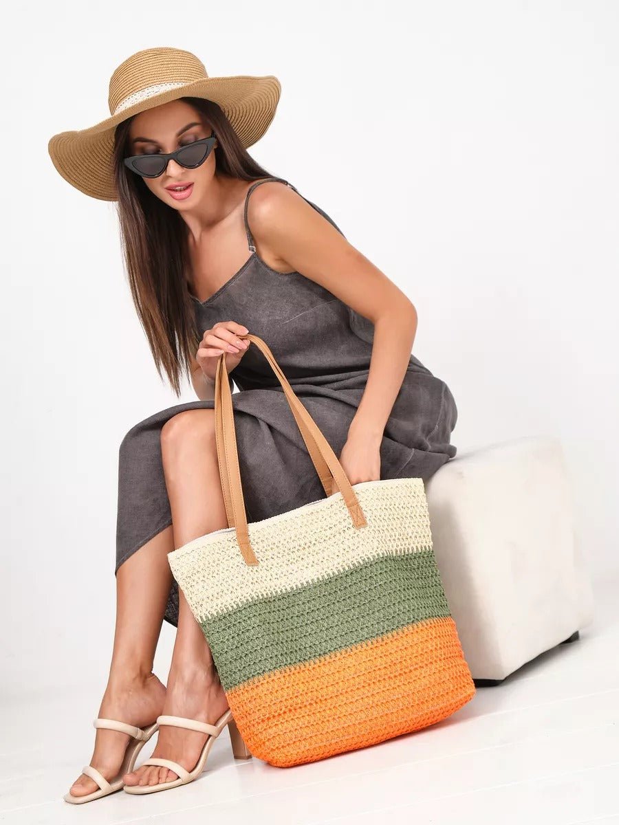 Sac de plage cabas, paille raphia multicolore, grand format, plage, été, anses simili vegan, tote bag vacances, modèle Julie - Sac de plage - Vert et orange