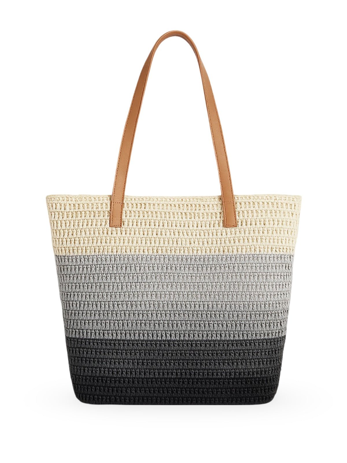 Sac de plage cabas, paille raphia multicolore, grand format, plage, été, anses simili vegan, tote bag vacances, modèle Julie - Sac de plage - Gris et gris foncé