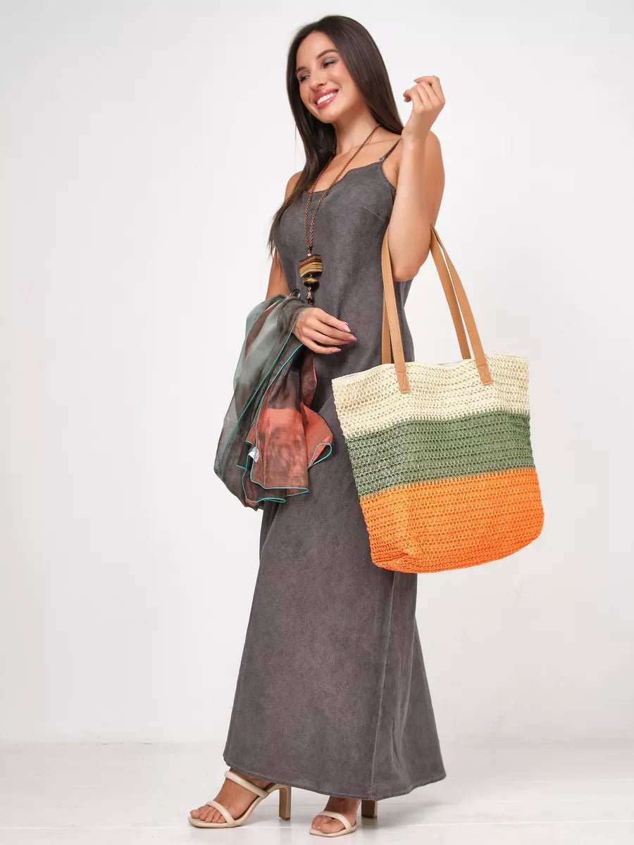 Sac de plage cabas, paille raphia multicolore, grand format, plage, été, anses simili vegan, tote bag vacances, modèle Julie - Sac de plage - Vert et orange
