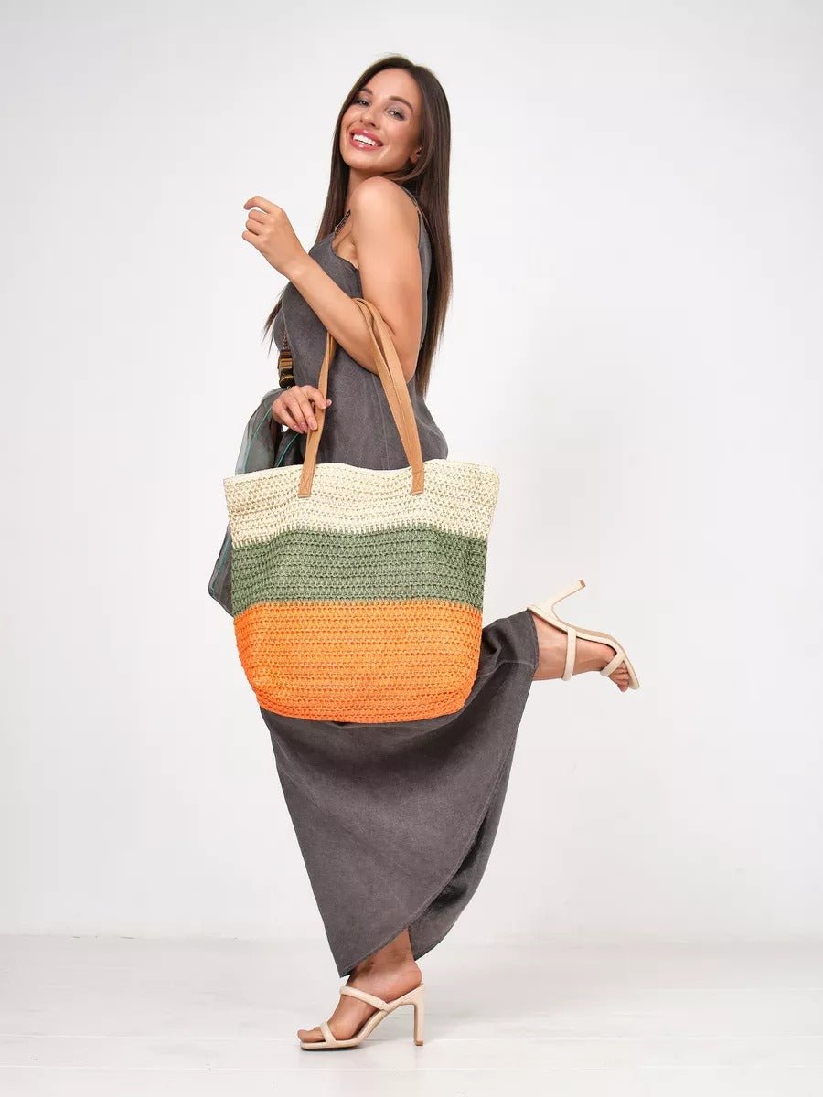 Sac de plage cabas, paille raphia multicolore, grand format, plage, été, anses simili vegan, tote bag vacances, modèle Julie - Sac de plage - Vert et orange