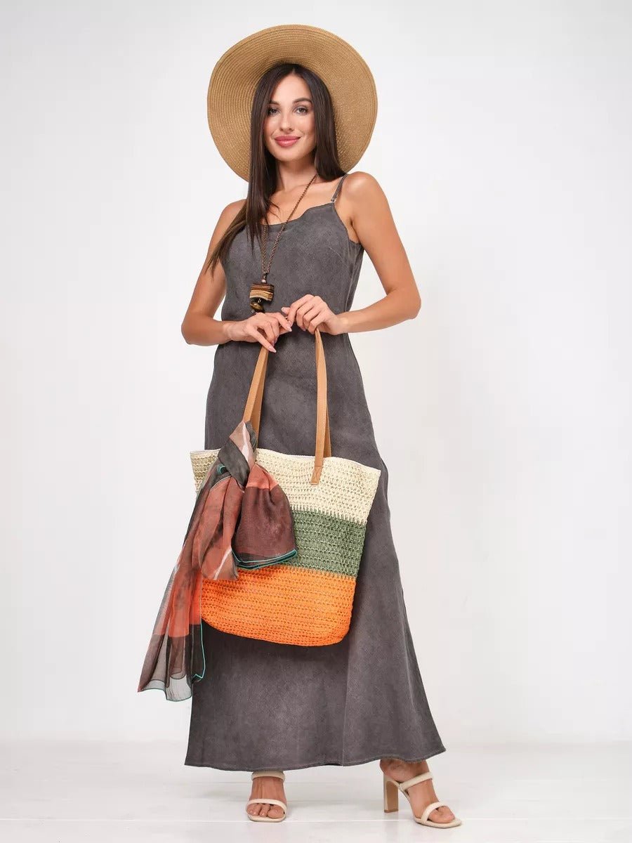 Sac de plage cabas, paille raphia multicolore, grand format, plage, été, anses simili vegan, tote bag vacances, modèle Julie - Sac de plage - Vert et orange