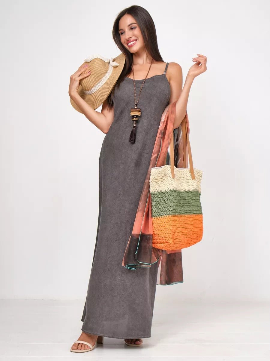 Sac de plage cabas, paille raphia multicolore, grand format, plage, été, anses simili vegan, tote bag vacances, modèle Julie - Sac de plage - Vert et orange