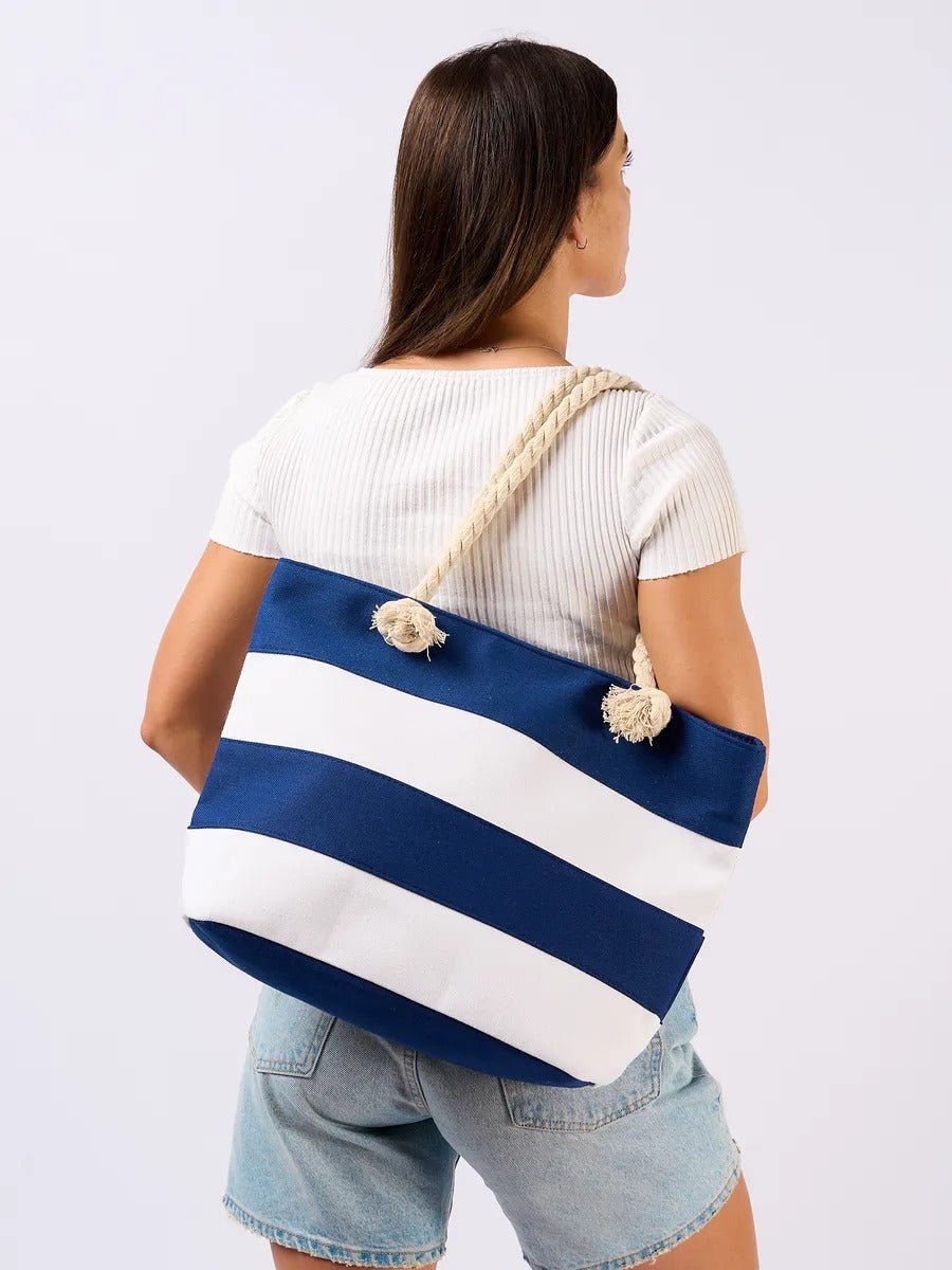 Sac de plage cabas rayé toile coton, anse en corde épaisse, grand sac épaule femme, sac d’été léger, motif rayures marines, modèle Kayline - Sac de plage - Bleu