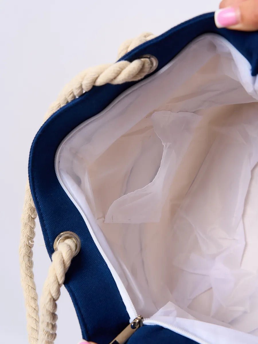 Sac de plage cabas rayé toile coton, anse en corde épaisse, grand sac épaule femme, sac d’été léger, motif rayures marines, modèle Kayline - Sac de plage - Bleu