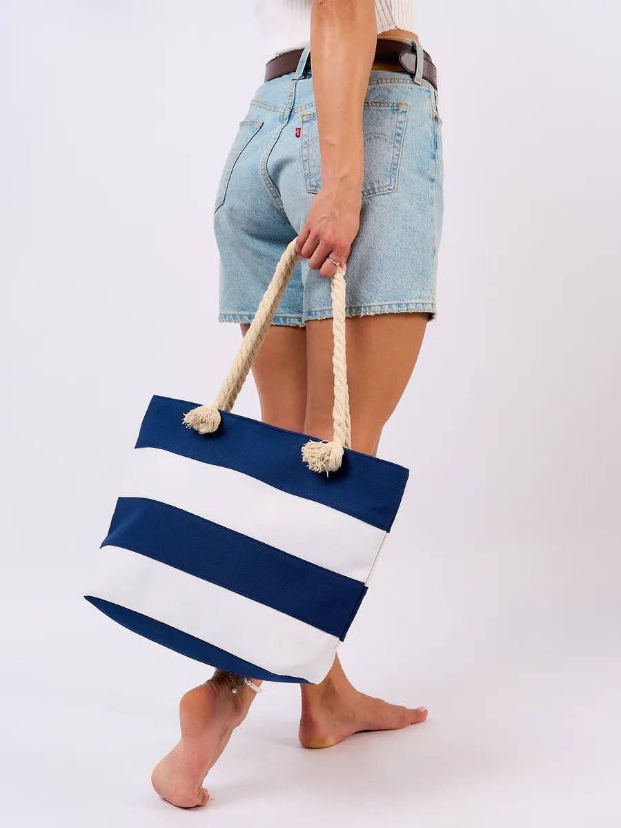 Sac de plage cabas rayé toile coton, anse en corde épaisse, grand sac épaule femme, sac d’été léger, motif rayures marines, modèle Kayline - Sac de plage - Bleu