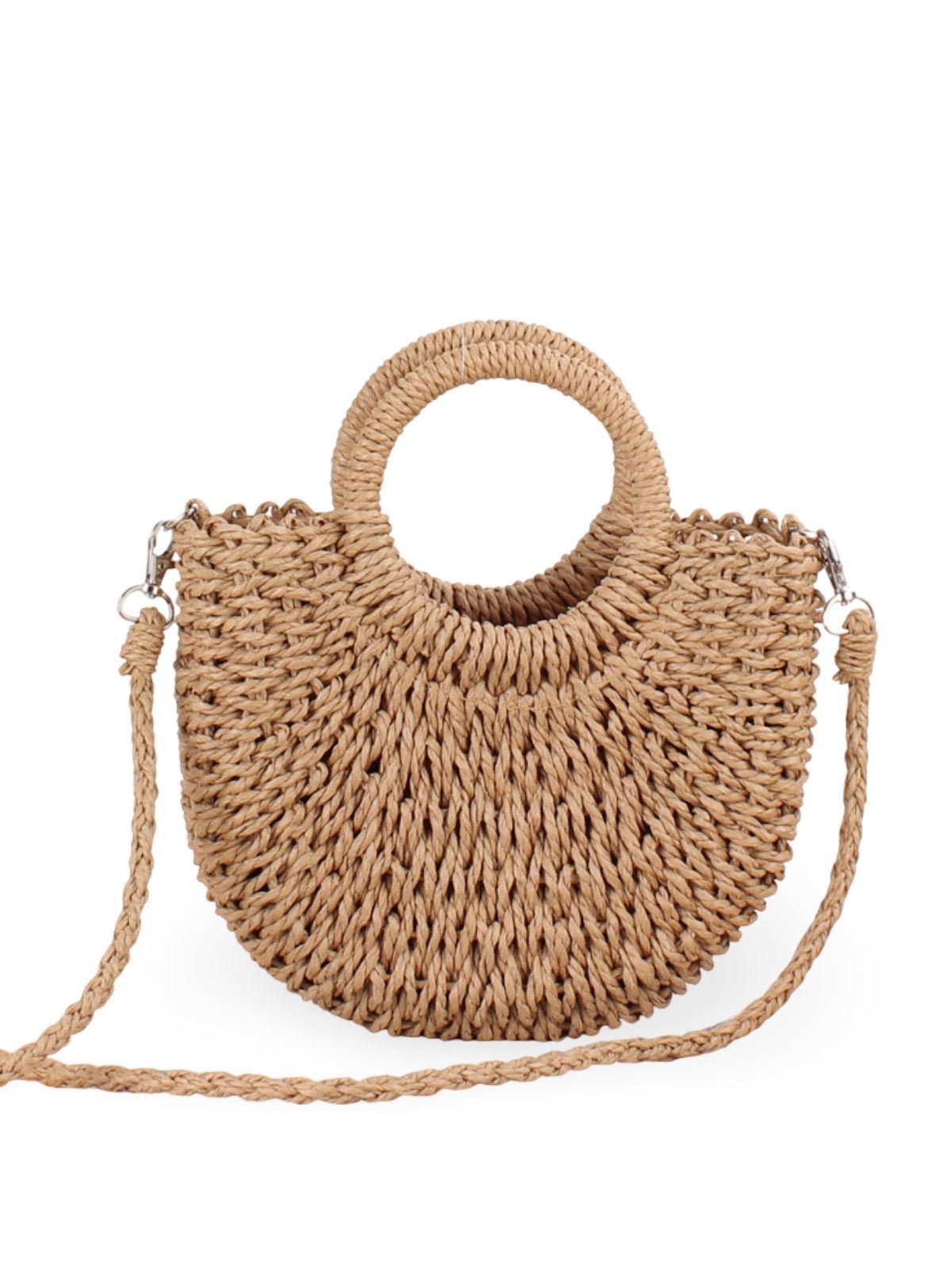 Sac de plage demi - lune en raphia, bandoulière d'été, sac à main rond tissé, idéal vacances, modèle Emilia - Sac de plage - Camel