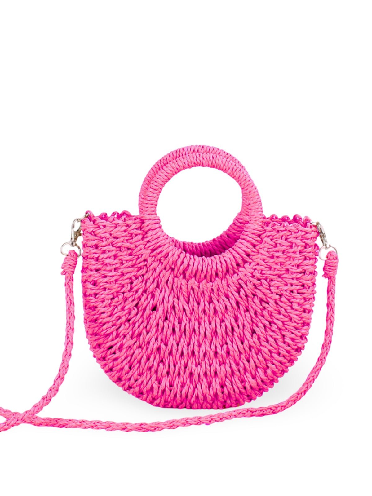 Sac de plage demi - lune en raphia, bandoulière d'été, sac à main rond tissé, idéal vacances, modèle Emilia - Sac de plage - Rose foncé