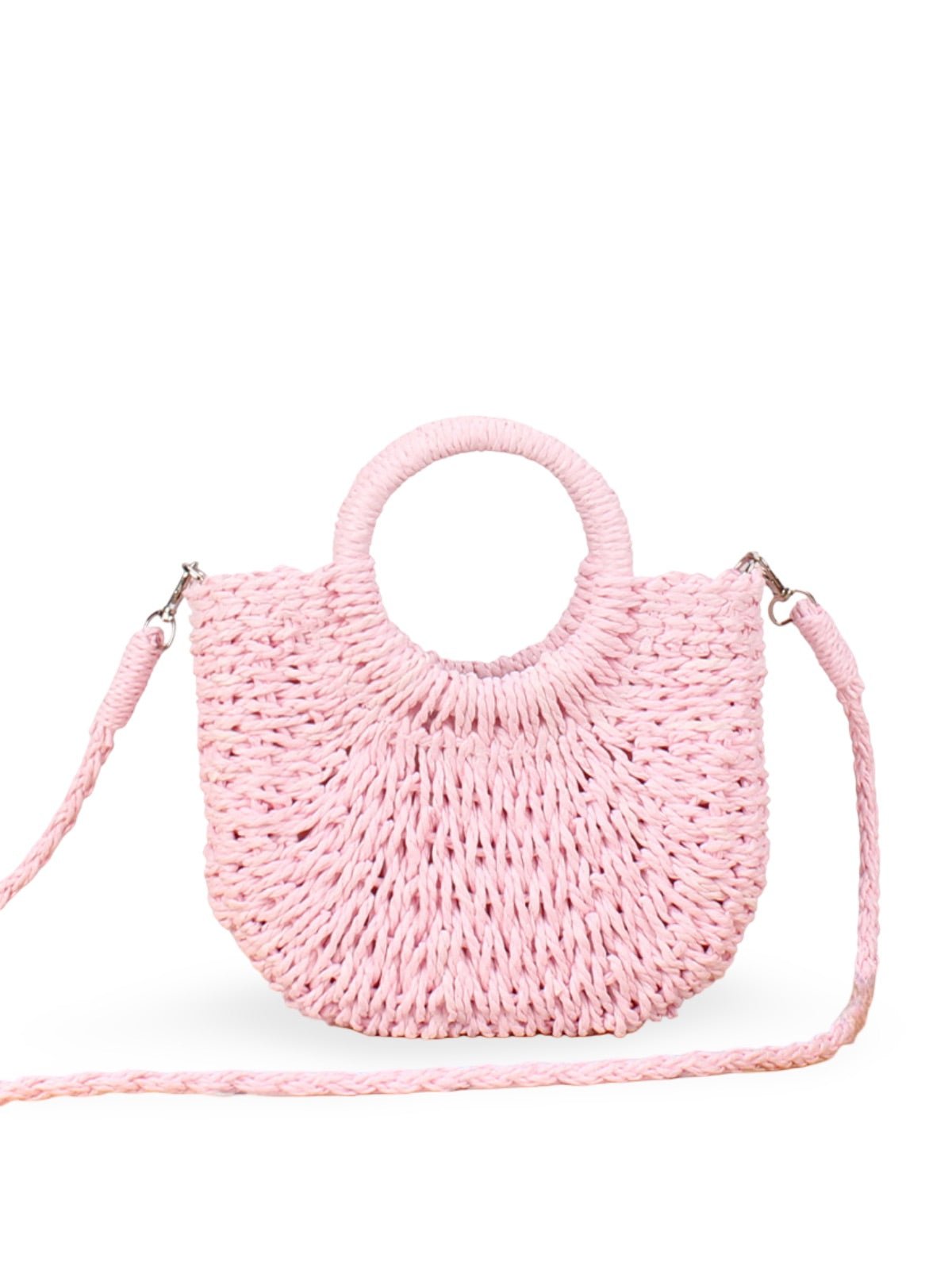Sac de plage demi - lune en raphia, bandoulière d'été, sac à main rond tissé, idéal vacances, modèle Emilia - Sac de plage - Rose