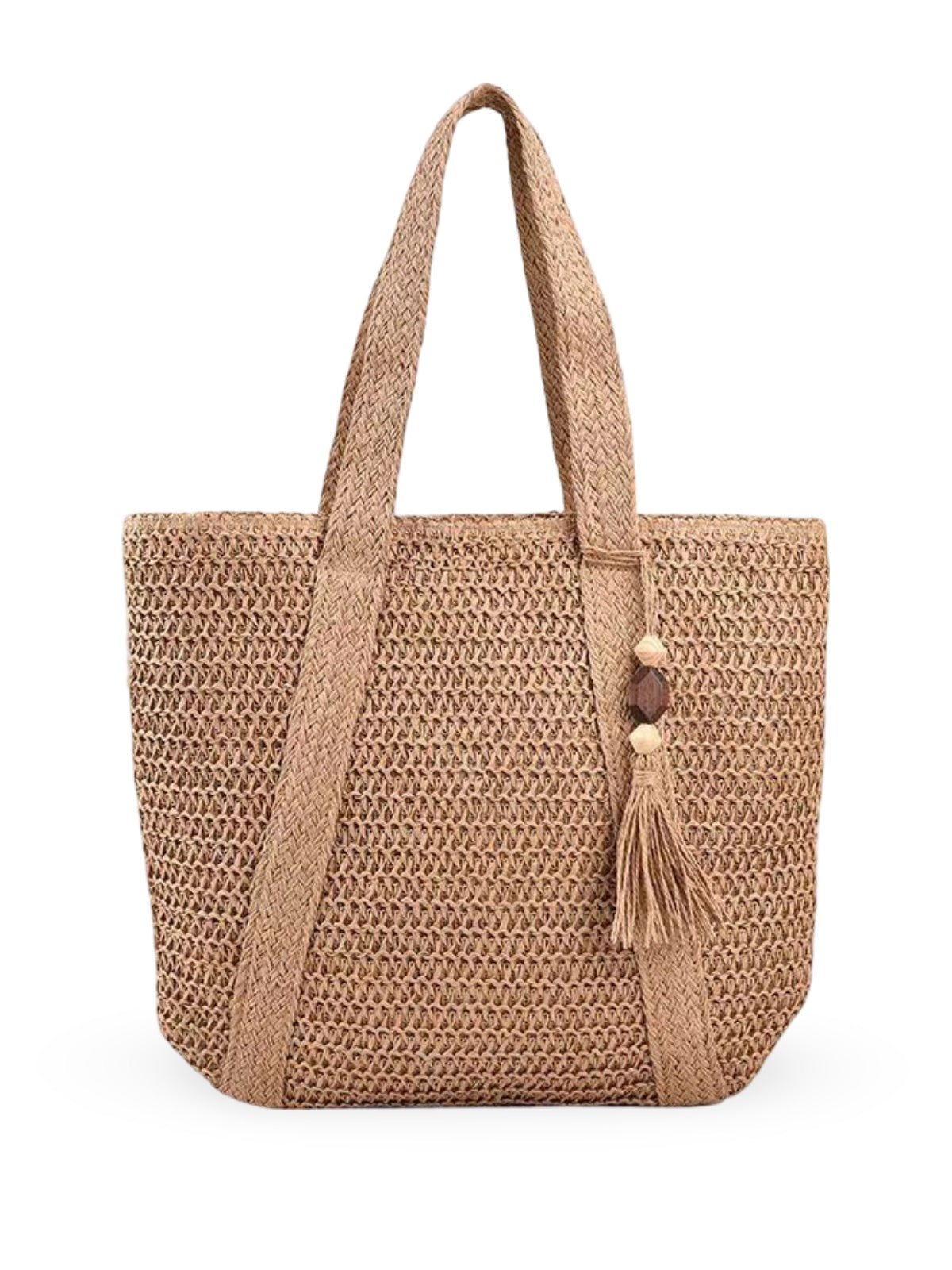 Sac de plage en paille, tissé, cabas d'été, style tote bag en raphia, sac shopper vacances, modèle Mathilde - Sac de plage - Camel