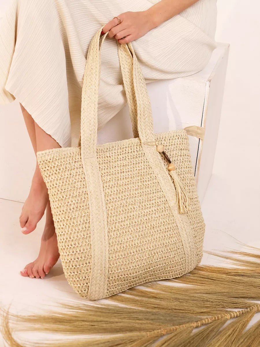 Sac de plage en paille, tissé, cabas d'été, style tote bag en raphia, sac shopper vacances, modèle Mathilde - Sac de plage - Beige