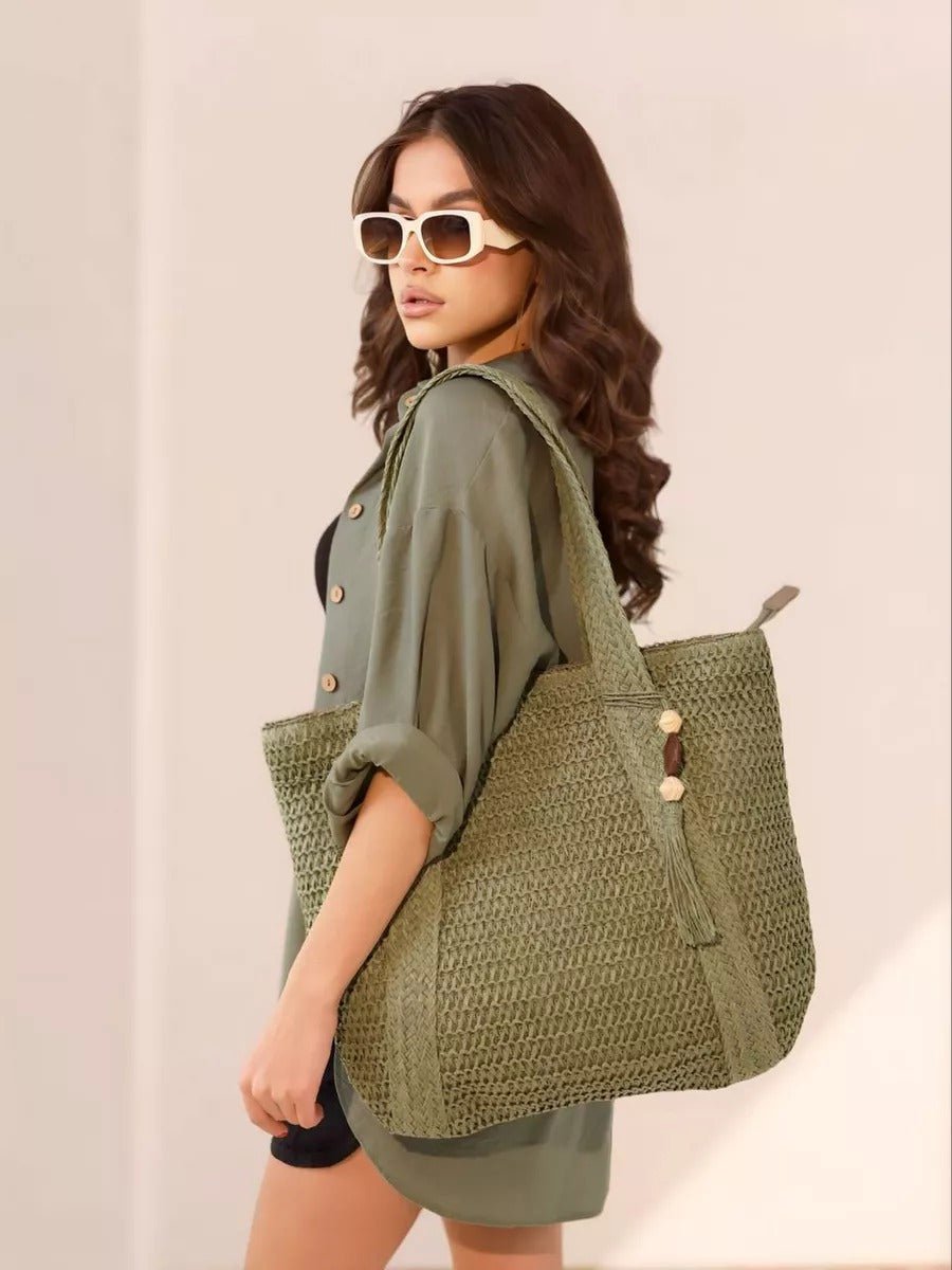 Sac de plage en paille, tissé, cabas d'été, style tote bag en raphia, sac shopper vacances, modèle Mathilde - Sac de plage - Vert