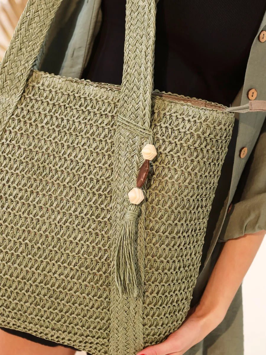 Sac de plage en paille, tissé, cabas d'été, style tote bag en raphia, sac shopper vacances, modèle Mathilde - Sac de plage - Vert