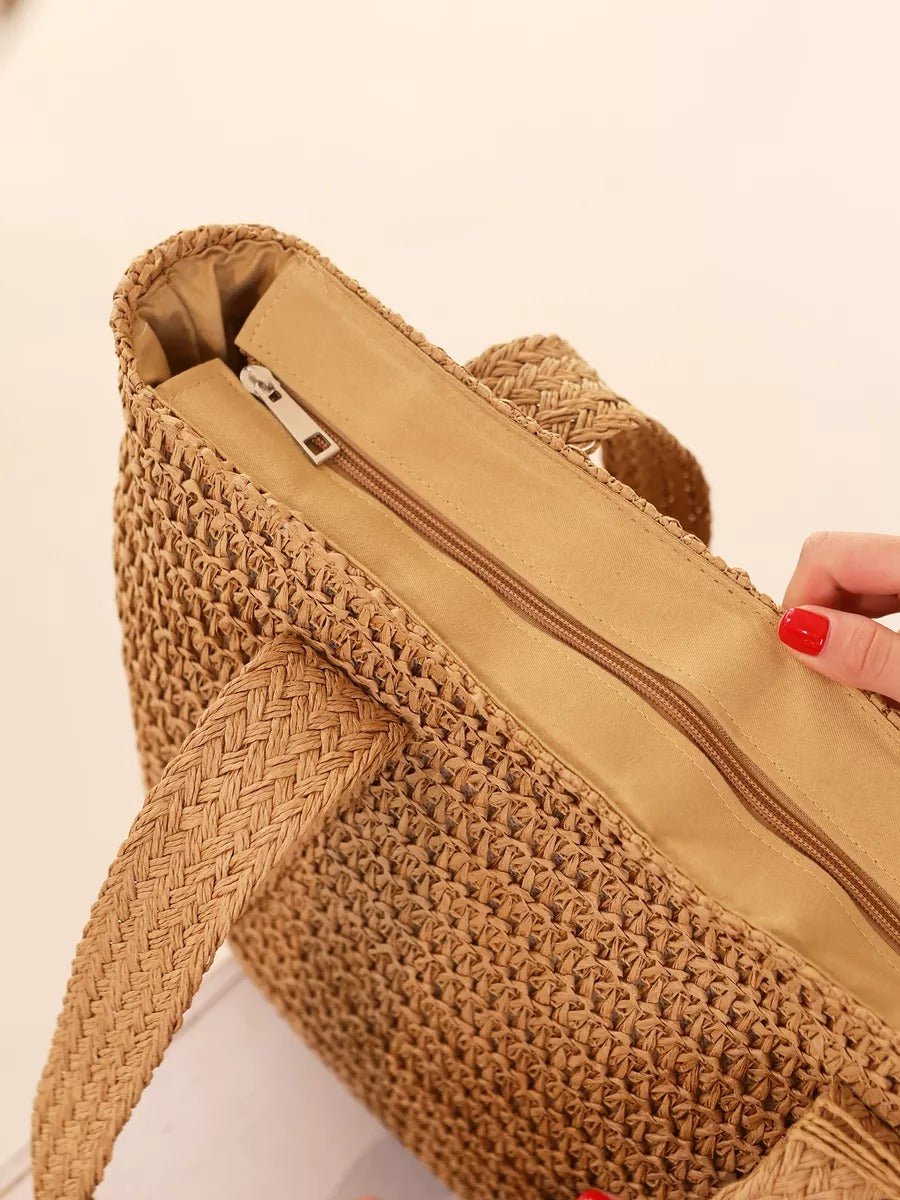 Sac de plage en paille, tissé, cabas d'été, style tote bag en raphia, sac shopper vacances, modèle Mathilde - Sac de plage - Camel