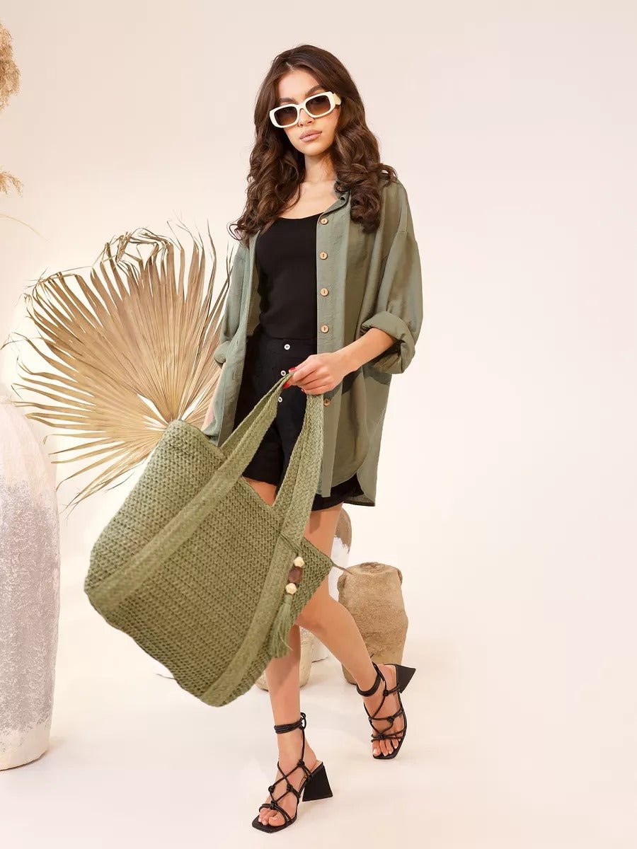 Sac de plage en paille, tissé, cabas d'été, style tote bag en raphia, sac shopper vacances, modèle Mathilde - Sac de plage - Vert