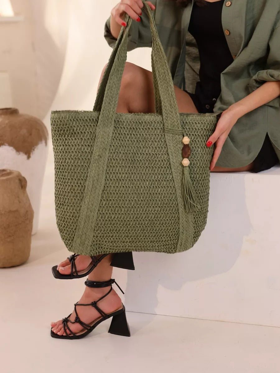Sac de plage en paille, tissé, cabas d'été, style tote bag en raphia, sac shopper vacances, modèle Mathilde - Sac de plage - Vert