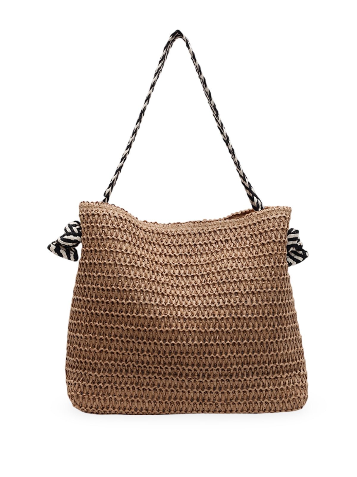 Sac de plage en raphia, anses motif zèbre, grand format, été, paille, tressé main, tote bag de mer, modèle Manon - Sac de plage - Camel