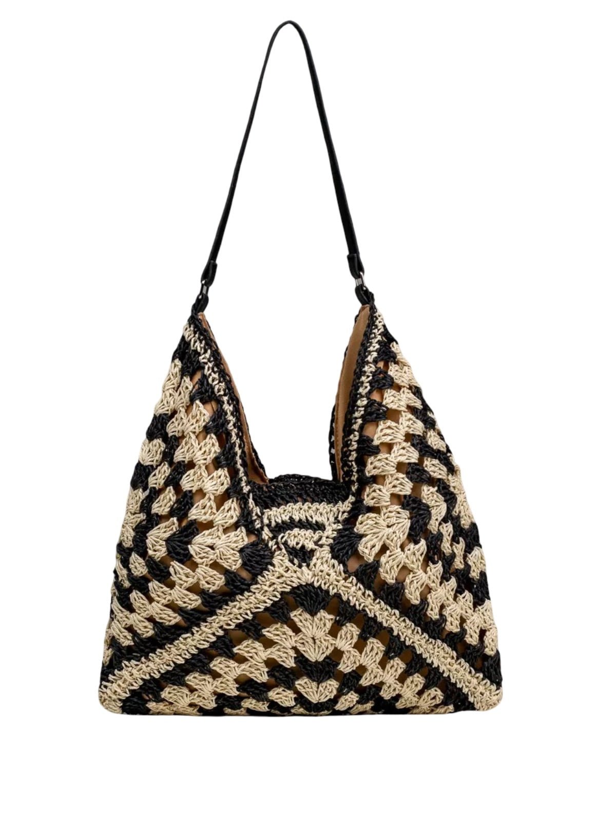 Sac de plage en raphia, bandoulière bohème, sac d'été et de vacances, tote bag tressé rétro, souple grand format, modèle Léna - Sac de plage - Noir