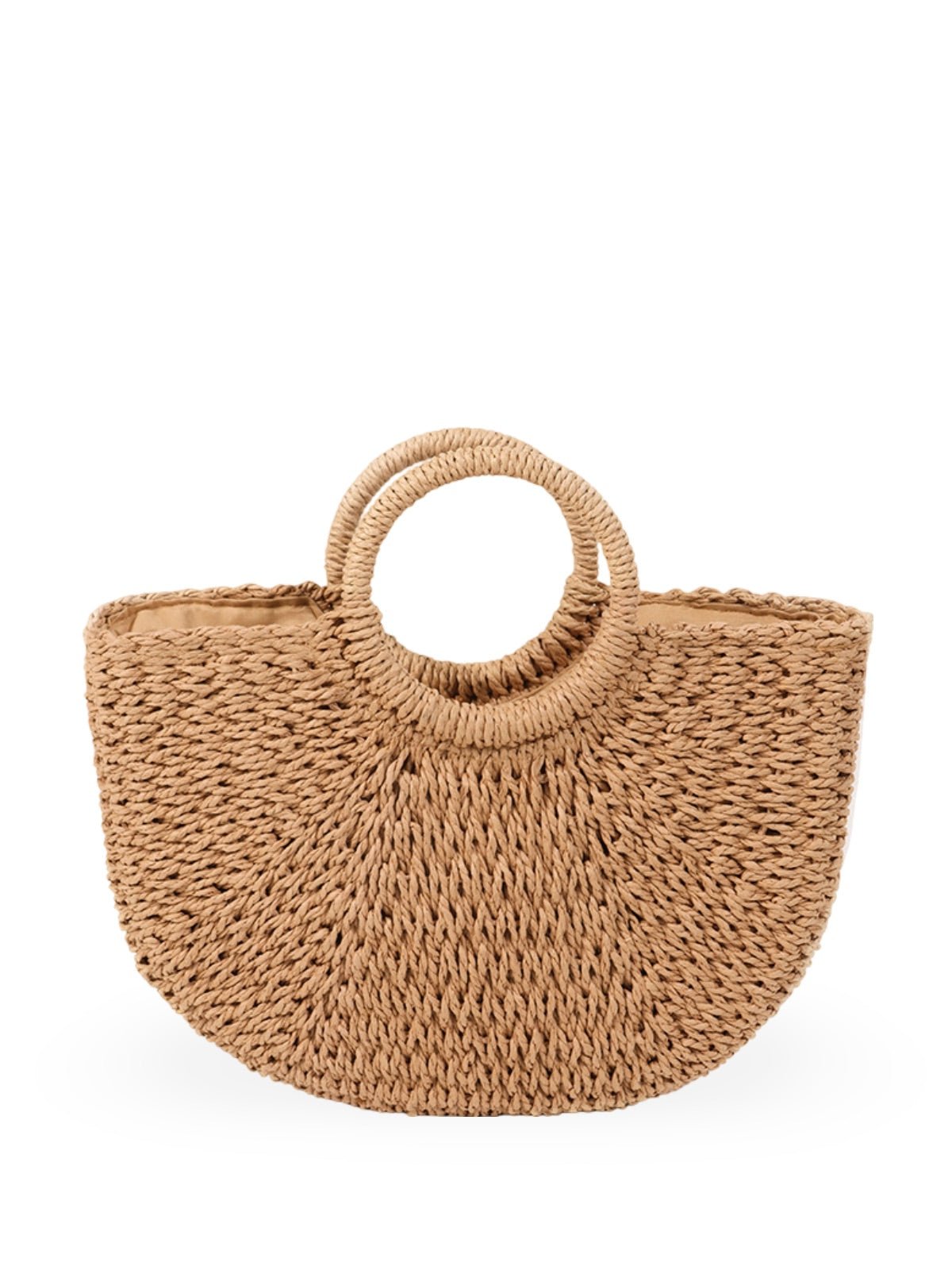 Sac de plage en raphia, cabas rond tressé, sac d’été à main, grand sac bohème, à cordon en paille, modèle Lolita - Sac de plage - Camel