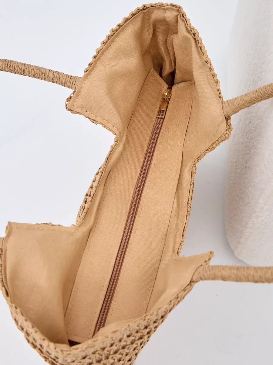Sac de plage en raphia, grand format, léger, vacances à la mer, porté épaule, style tote bag à paille, modèle Alexia - Sac de plage - Camel