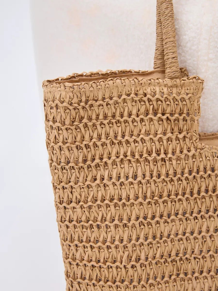 Sac de plage en raphia, grand format, léger, vacances à la mer, porté épaule, style tote bag à paille, modèle Alexia - Sac de plage - Camel