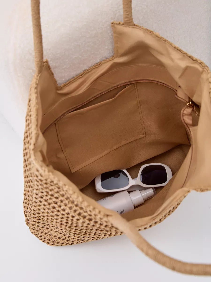 Sac de plage en raphia, grand format, léger, vacances à la mer, porté épaule, style tote bag à paille, modèle Alexia - Sac de plage - Camel