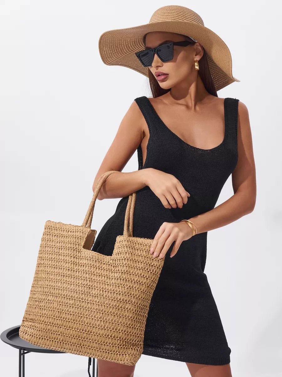 Sac de plage en raphia, grand format, léger, vacances à la mer, porté épaule, style tote bag à paille, modèle Alexia - Sac de plage - Camel