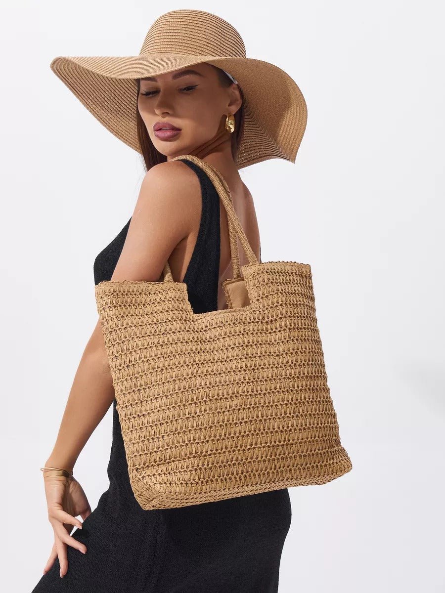 Sac de plage en raphia, grand format, léger, vacances à la mer, porté épaule, style tote bag à paille, modèle Alexia - Sac de plage - Camel