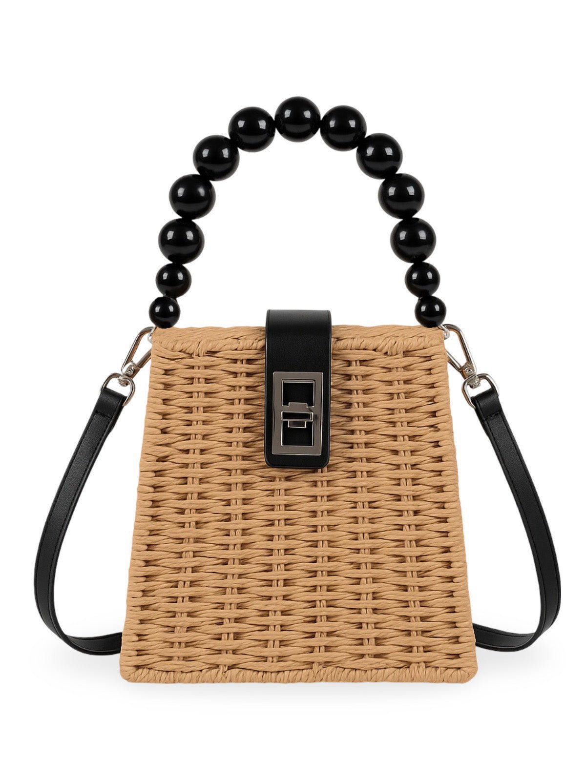 Sac de plage en raphia, perles noires, anse rigide, bandoulière amovible, petit format compact, modèle Claire - Sac de plage - Camel