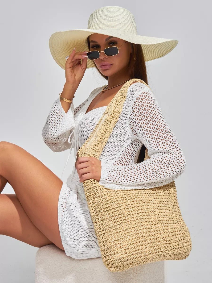 Sac de plage en raphia tressé, grand format, plage ou ville, style naturel, doublure polyester, style tote - bag, modèle Fabia - Sac de plage - Beige