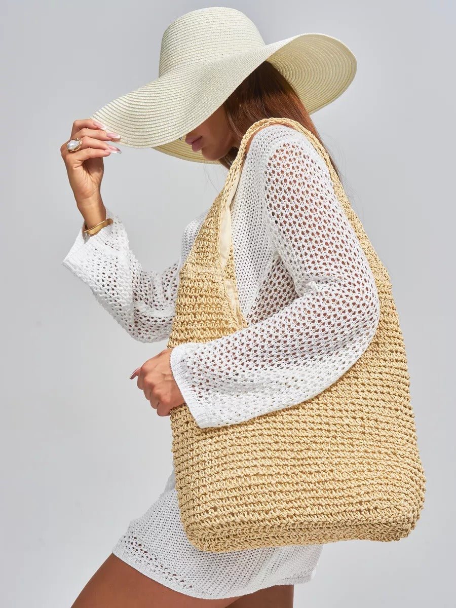 Sac de plage en raphia tressé, grand format, plage ou ville, style naturel, doublure polyester, style tote - bag, modèle Fabia - Sac de plage - Beige