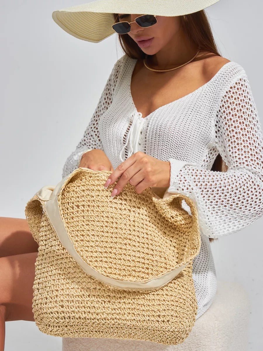 Sac de plage en raphia tressé, grand format, plage ou ville, style naturel, doublure polyester, style tote - bag, modèle Fabia - Sac de plage - Beige