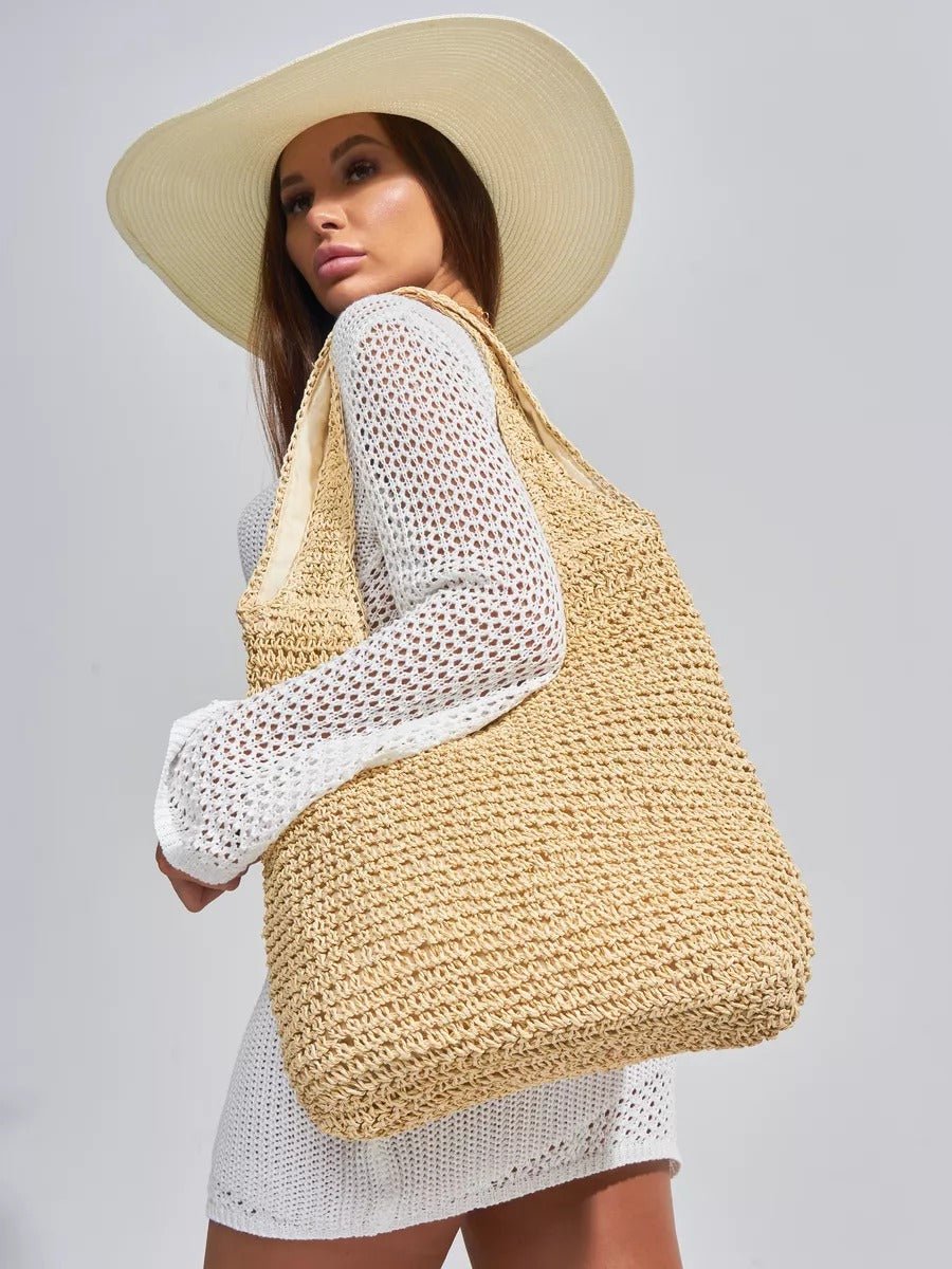 Sac de plage en raphia tressé, grand format, plage ou ville, style naturel, doublure polyester, style tote - bag, modèle Fabia - Sac de plage - Beige
