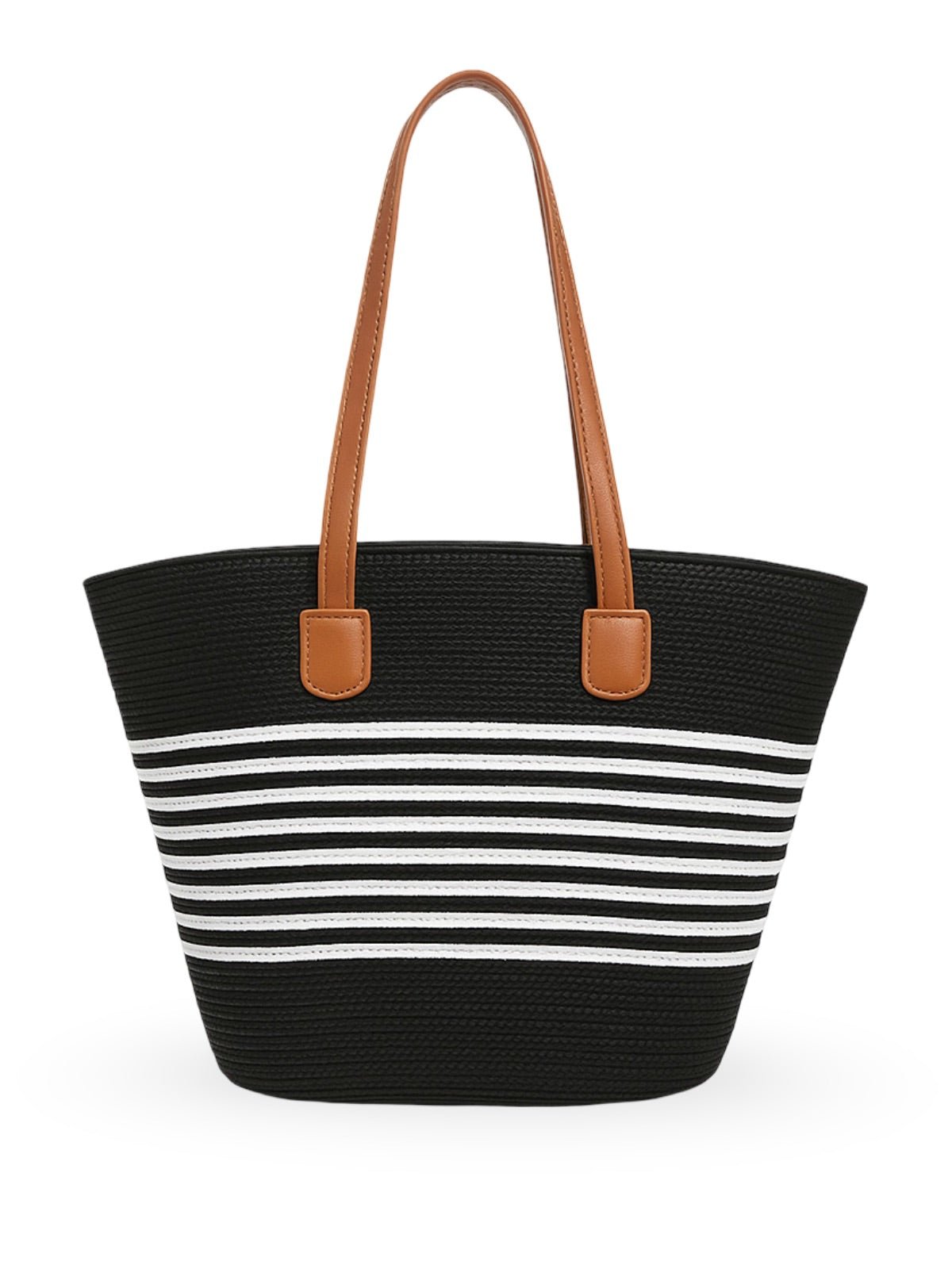 Sac de plage en raphia tressée, grande contenance, fermeture zippée, poignées longues, style tote bag, vacances au soleil, modèle Yema - Sac de plage - Noir et blanc