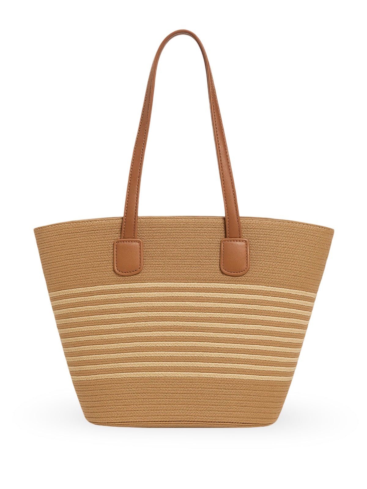Sac de plage en raphia tressée, grande contenance, fermeture zippée, poignées longues, style tote bag, vacances au soleil, modèle Yema - Sac de plage - Camel et beige