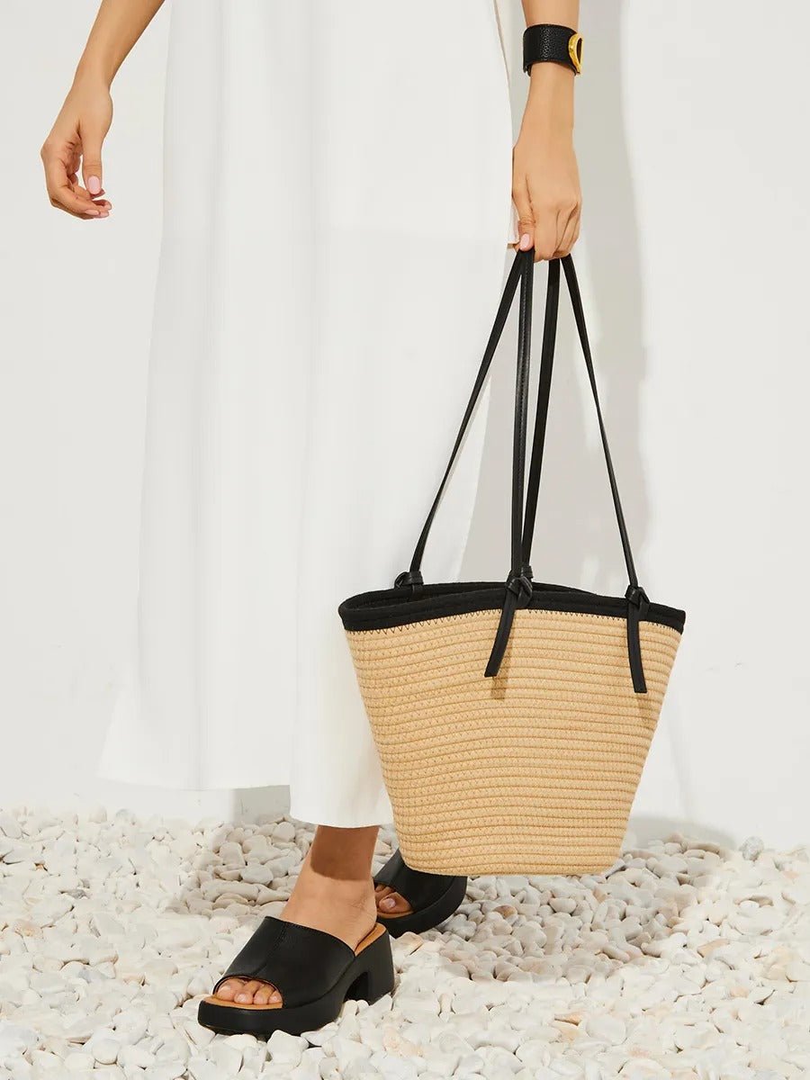 Sac de plage pour femme, cabas d'été, panier tressé, porté épaule, tote bag de vacances, modèle Marie - Sac de plage - Beige