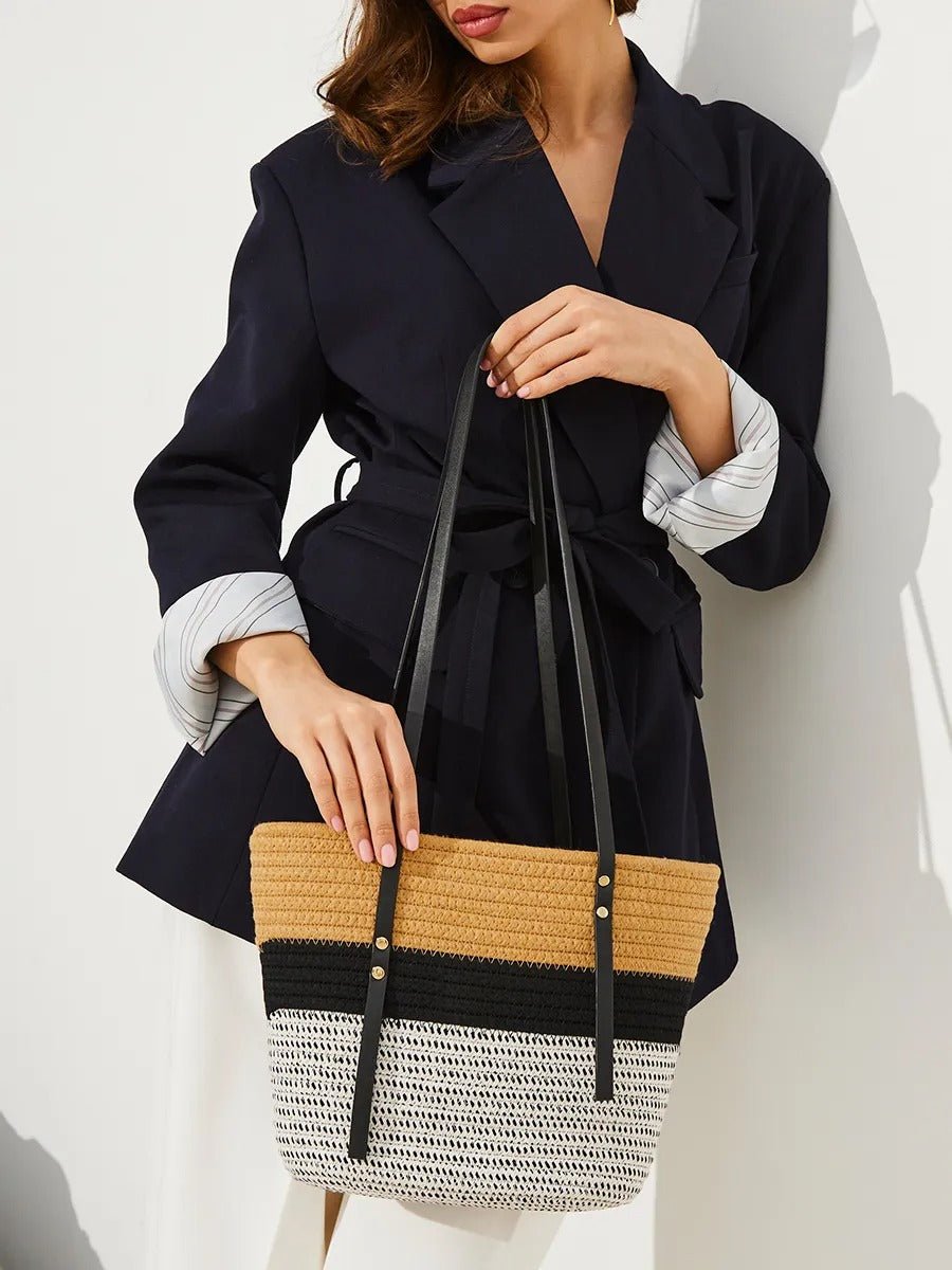 Sac de plage pour femme, en coton tressé, grand sac été, motif à rayure, grand espace, modèle Julianne - Sac de plage - Tricolore