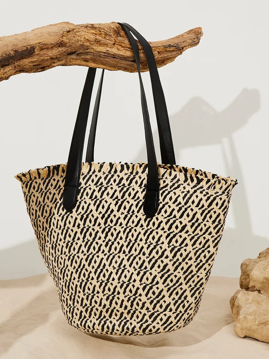 Sac de plage pour femme, grand cabas d'été à paille, sac épaule léger, panier tressé chic style tote bag, modèle Céline - Sac de plage - Noir
