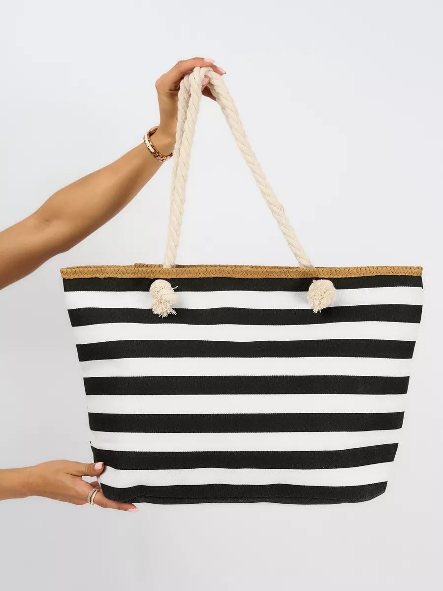 Sac de plage rayé en toile, marin corde, cabas estival coton, grand sac femme été, tote bag rayures bord de mer, modèle Éline - Sac de plage - Noir