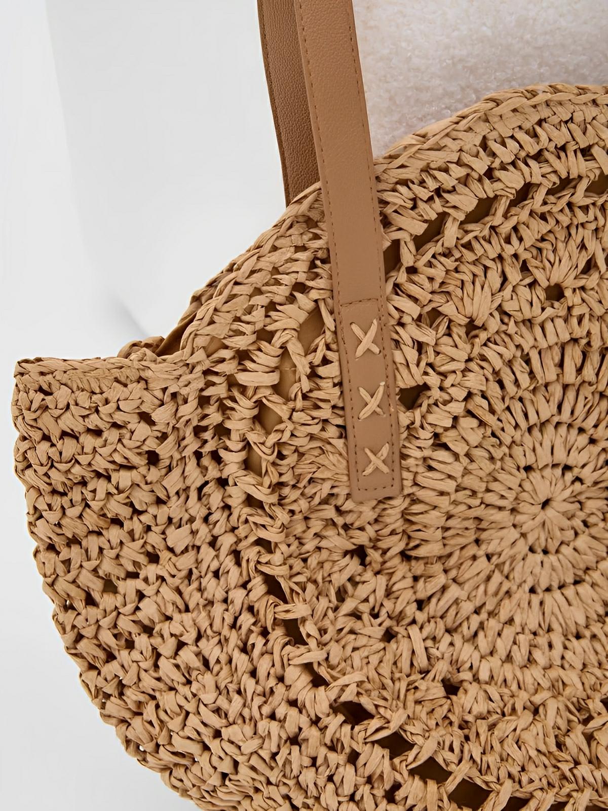 Sac de plage rond raphia, cabas plage bohème, grand sac d'été pour femme, tote - bag de vacances, modèle Gabriella - Sac de plage - Camel