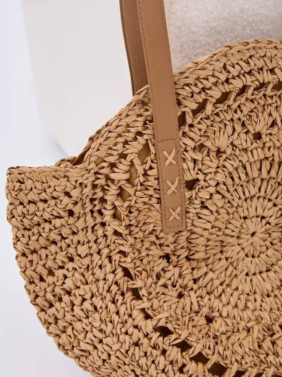 Sac de plage rond raphia, cabas plage bohème, grand sac d'été pour femme, tote - bag de vacances, modèle Gabriella - Sac de plage - Camel