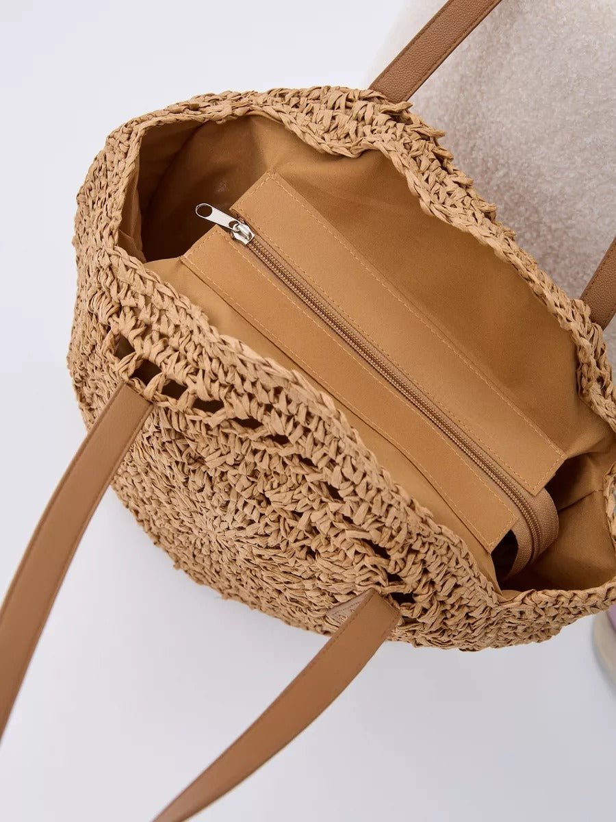 Sac de plage rond raphia, cabas plage bohème, grand sac d'été pour femme, tote - bag de vacances, modèle Gabriella - Sac de plage - Camel